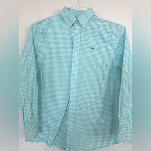 Boys Vineyard Vines size 12-14 Aqua Blue and White Gingham Button-Down Shirt EUC